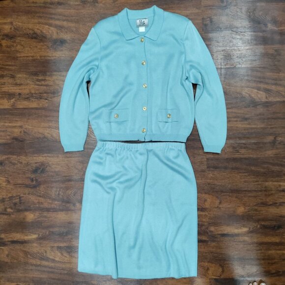Vintage Mita Blue Knit Button Front Longsleeve Cardigan Top & Skirt Set Size 12P - Picture 2 of 14